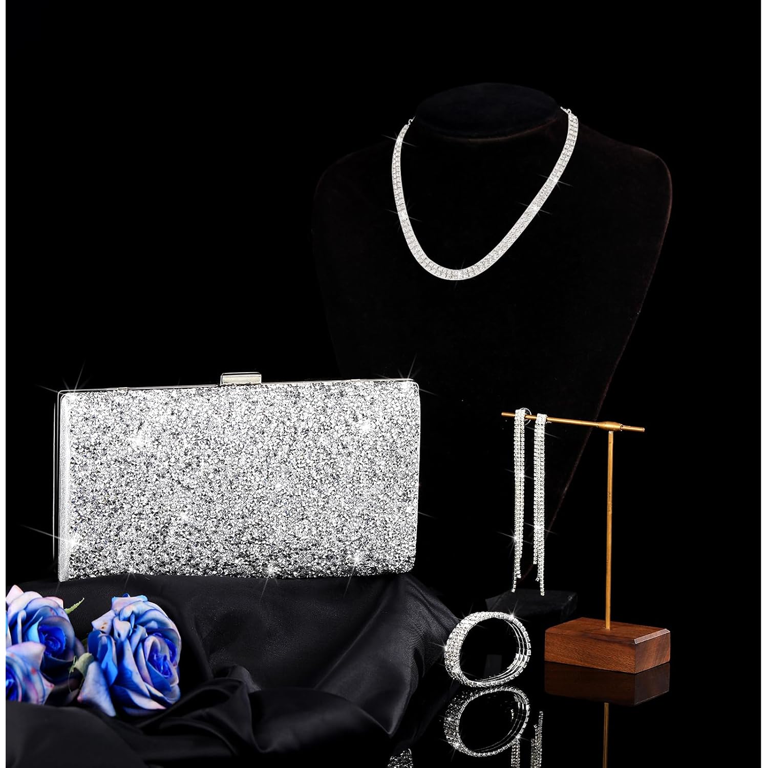 Kigeli 4 Pieces Women Rhinestone Evening Clutch Bag Bling Earring Necklace Bracelet for Wedding Graduation Prom