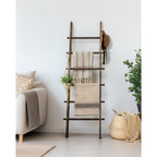 Teakmama 6-Tier 5.4Ft Blanket Ladder With Hanging Knobs Rustic Brown | Farmhouse Wall Leaning Solid Wood Scratch & Slip Proof Quilt Rack, Living Room Bedroom Bathroom, Xmas Deco, Easy Setup