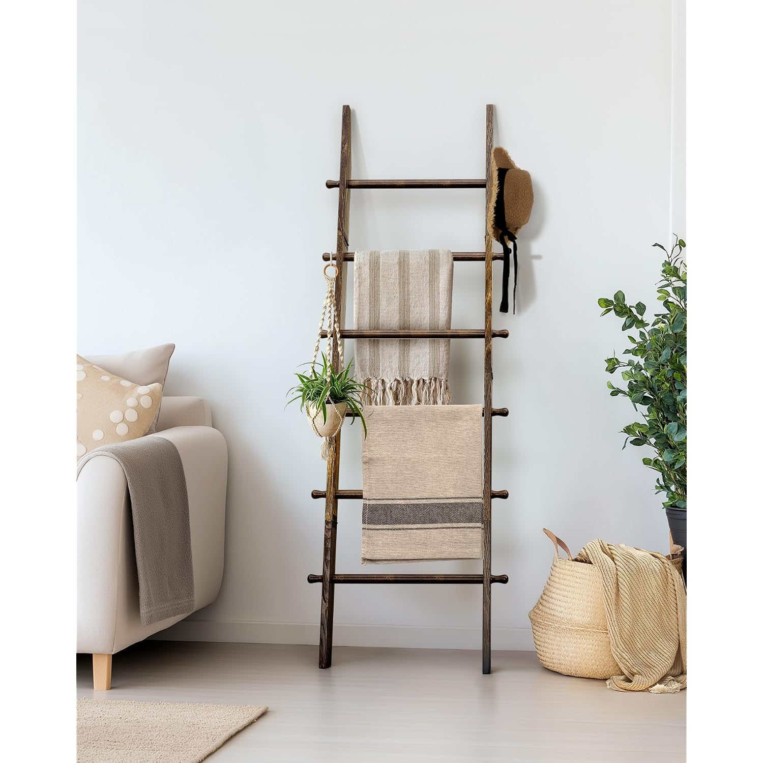 Teakmama 6-Tier 5.4Ft Blanket Ladder With Hanging Knobs Rustic Brown | Farmhouse Wall Leaning Solid Wood Scratch & Slip Proof Quilt Rack, Living Room Bedroom Bathroom, Xmas Deco, Easy Setup