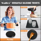 Walfos Silicone Trivet Mats - 4 Heat Resistant Pot Holders, Multipurpose Non-Slip Hot Pads For Kitchen Potholders, Hot Dishers, Jar Opener, Spoon Holder, Food Grade Silicone & Bpa Free (Black)