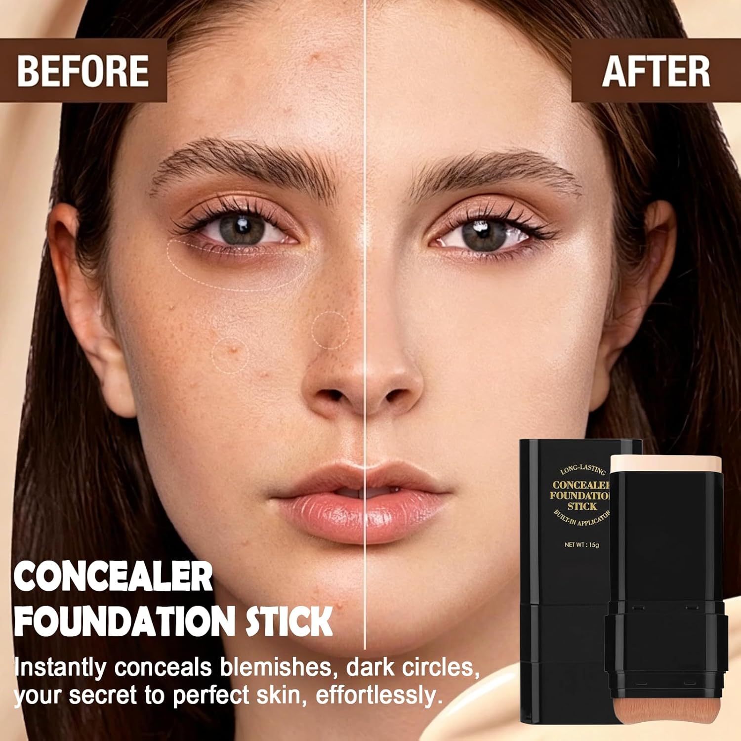 Foundation Stick, 2 in 1 Dual-Ended Long-Lasting Concealer Korean Foundation Contour Stick, Waterproof Contouring foundation with Brush, Full Coverage Matte Finish for Face Makeup(02#NATURAL)