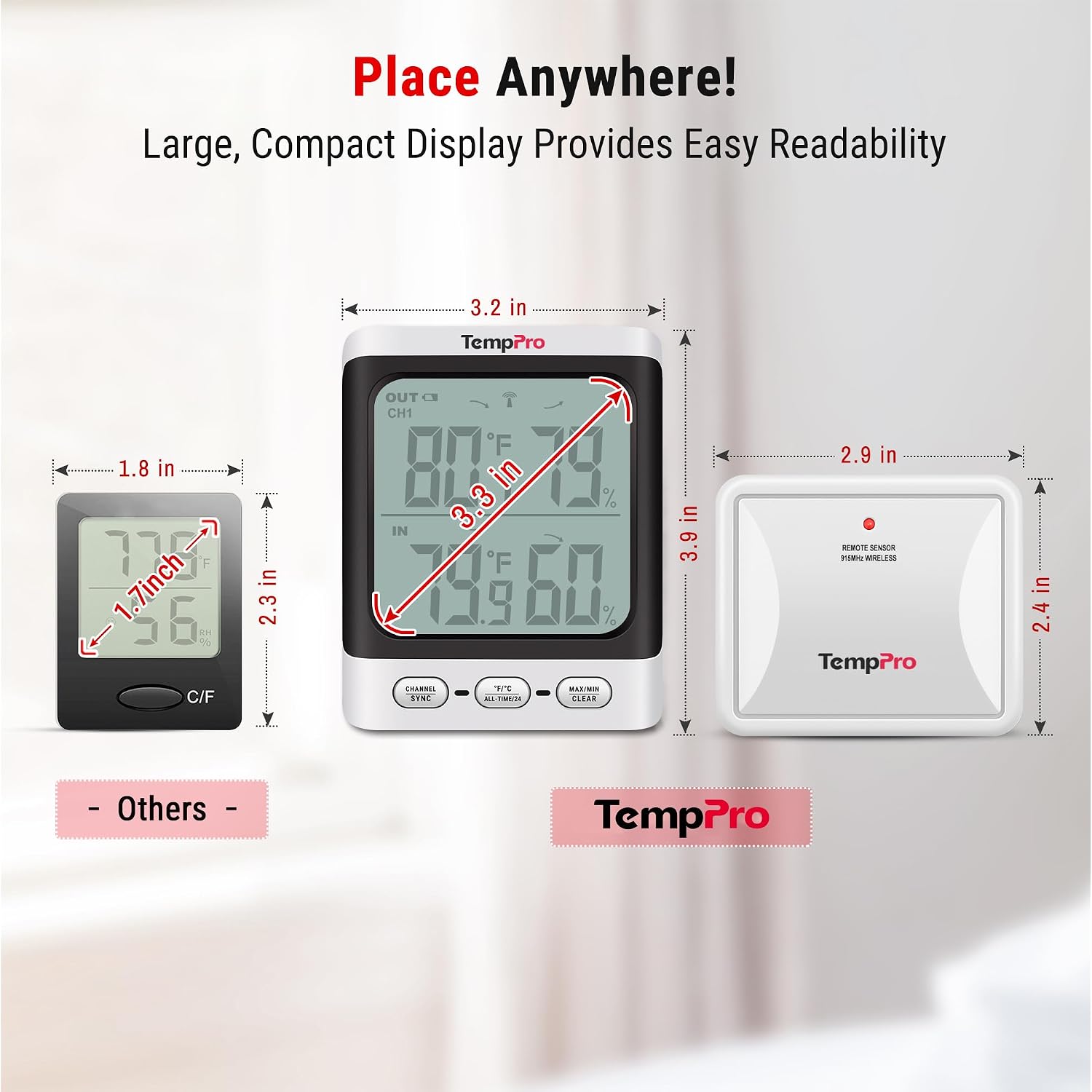 Temppro Tempair 500 Ft Indoor Outdoor Thermometer Wireless With Sensor | 3.3" Lcd Backlit Display, Front Button, Outside Thermometer With Cold-Resistant Sensor For Patio Garage, Batteries Included