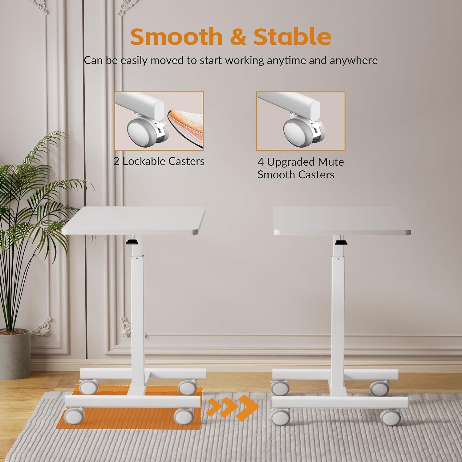Mobile Small Standing Rolling Desk Adjustable Height, Portable Laptop Desk On Wheels, Workstation For Home Office With Hook,White