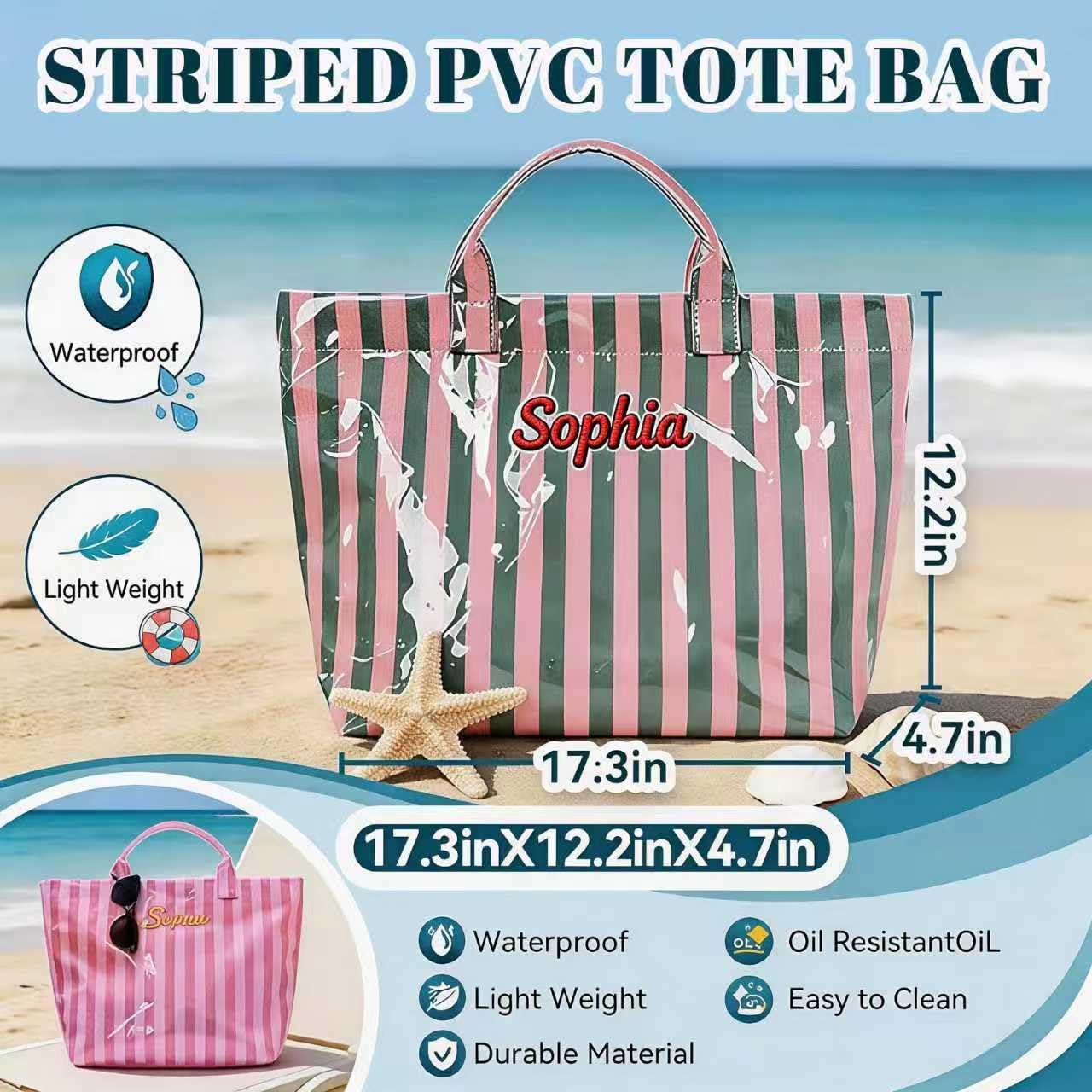 Personalized Striped PVC Tote Bag for Women w/ Name, Custom Waterproof Stylish Plastic Glossy Bag for Beach Pool Large Plaid Letters Print Hobo Handbag for Summer Vacation Travel, Girls Trip Gift