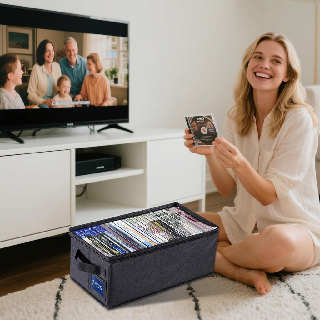 Ccidea Dvd Storage Box With Clear Window - 15.75" Foldable Media Organizer, Premium Zipper Closure, Holds 27+ Dvds, Dustproof Non-Woven Fabric, Reinforced Handles & Label Slot (2)