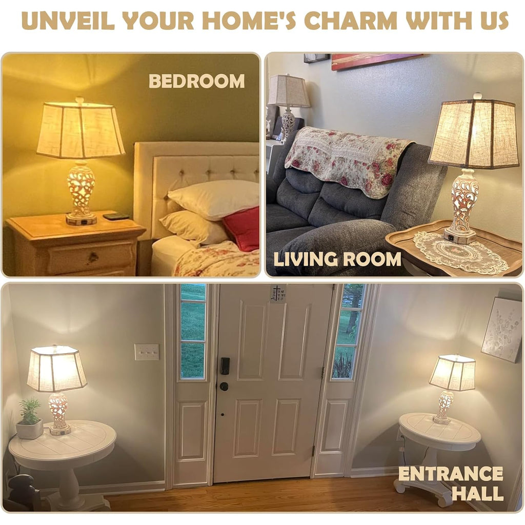 25'' Farmhouse Table Lamp For Living Room Bedroom With Usb C+A | Vintage Rustic Nightstand Desk Lamp With Nightlight, White Hollow Out Resin Lamp For End Table (Bulb Included)