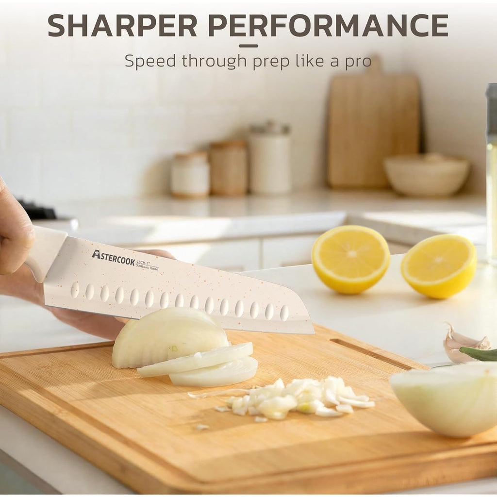 Astercook Knife Set, 15 Pieces Kitchen Knife Set With Sharpener Block, German Stainless Steel Knives With Anti-Rust Coating, Dishwasher Safe, Elegant Cream White Design, Perfect For Holiday Gifts