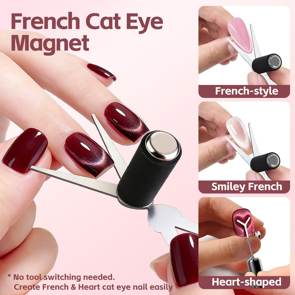 5pcs Cat Eye Magnet Set, 2-in-1 Scissor Shape Nail Magnet Tool create French & V-Shape nail effects, Heart Guide & Cylindrical Magnet for Cat Eye Gel Polish, Nail Art DIY for Home, Salon, Studio