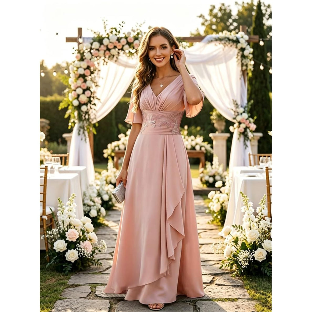Mother Of The Bride Dresses For Women 2026 Long Chiffon V Neck A Line Lace Appliques Short Sleeves Formal Evening Gown
