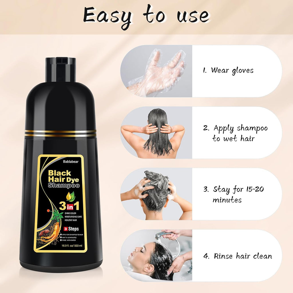 Bablabear Black Hair Dye Shampoo For Gray Hair,Hair Color Shampoo For Women And Men, Grey Coverage.500Ml