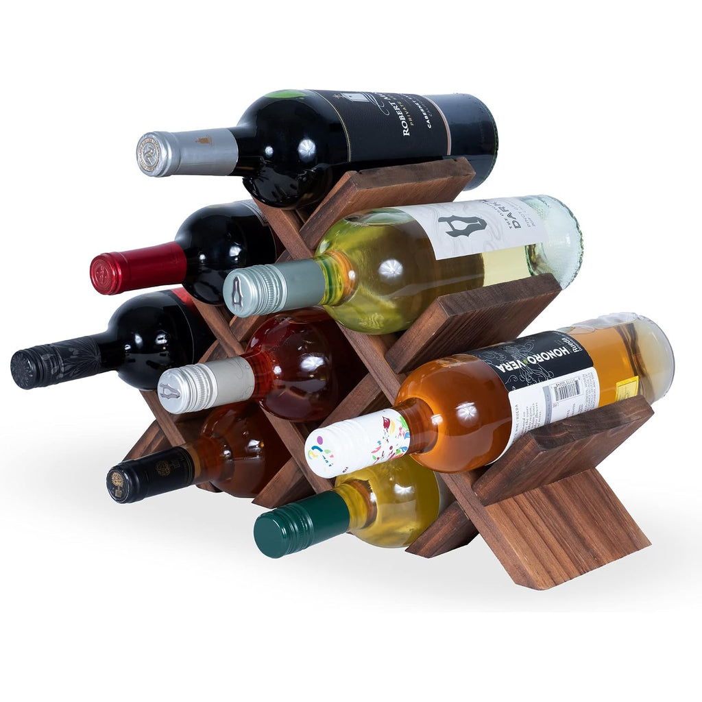 Alella Countertop Wood Wine Rack For 8 Bottles Holder And Cork Storage Tabletop Butterfly Sleek Design Freestanding Organizer - Home, Kitchen, Dining Room Bar Décor - Walnut