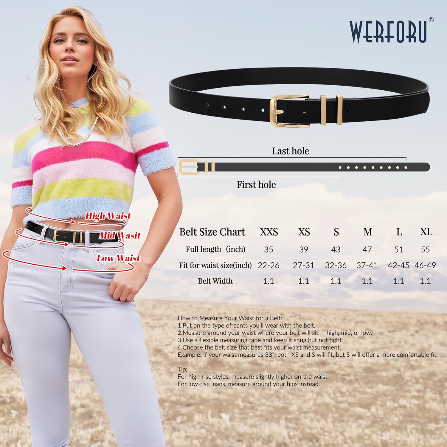 WERFORU 3 PACK Women Belt Women Fashion Leather Belts for Jeans Pants Ladies Belts with Gold Buckle