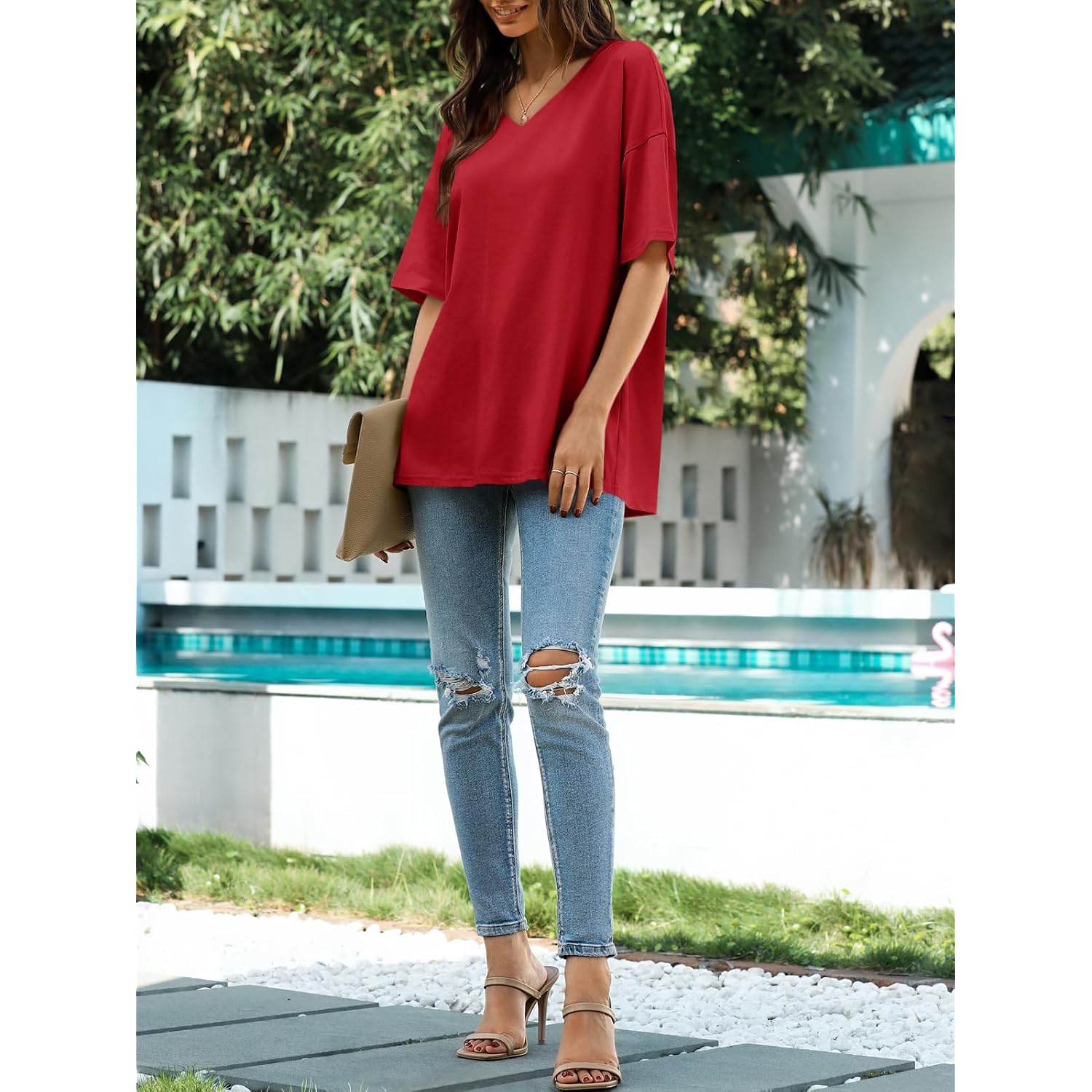 Ebifin Womens Oversized Tshirts V Neck Tee Shirts Half Sleeve Loose Fit T Shirt Cotton Tunic Tops