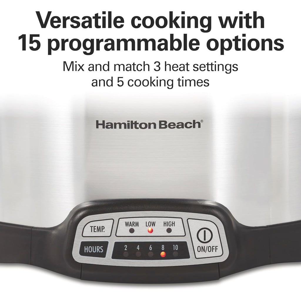 Hamilton Beach Set & Forget 4 Quart Programmable Slow Cooker | Flexible Cooking Options With 3 Heat And 5 Time Settings | Dishwasher-Safe Stoneware Crock & Glass Lid | Silver