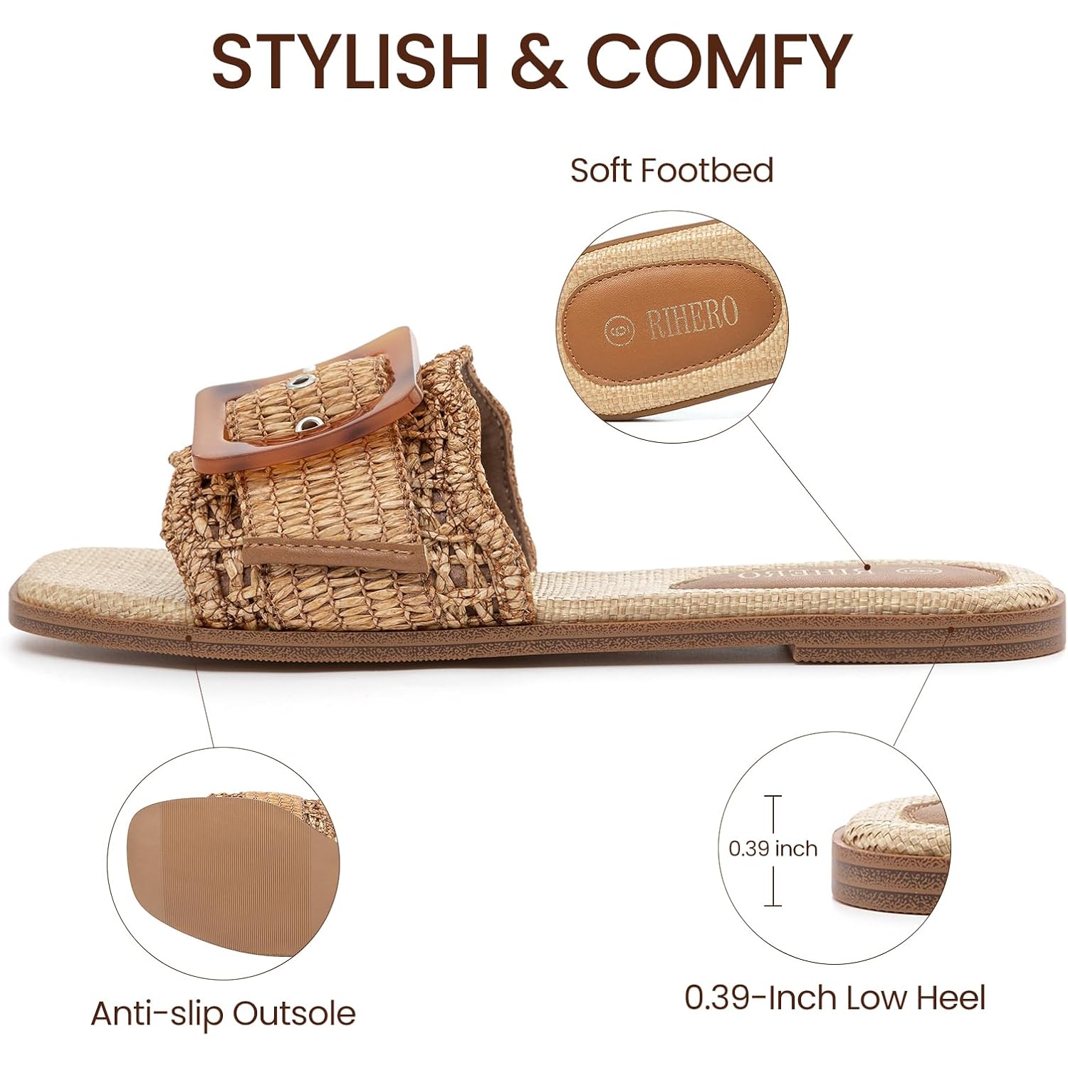 Rihero Women'S Raffia Flat Sandals Square Open Toe Summer Beach Slip On Woven Buckle Slide Sandals