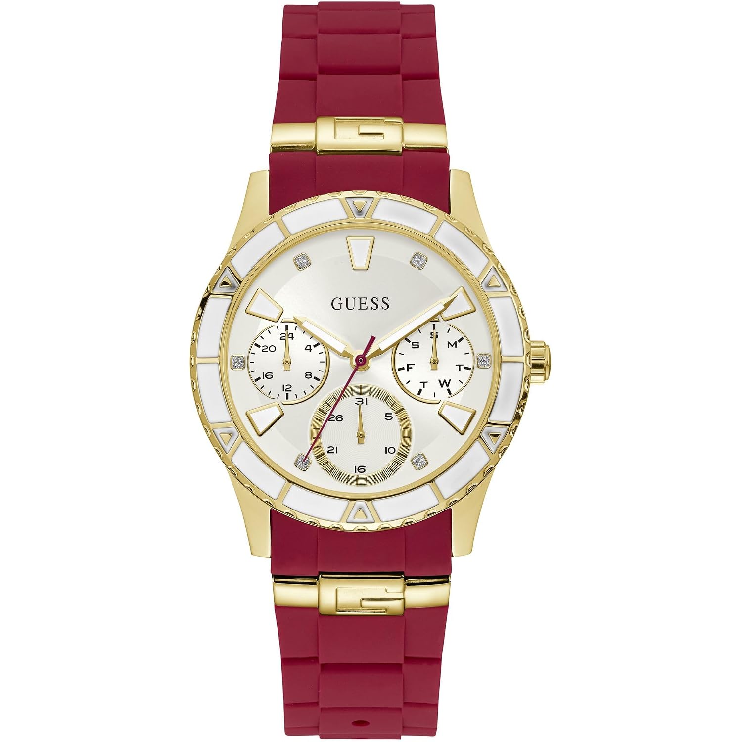 Guess Women'S Gold-Tone + Iconic Red Stain Resistant Silicone Watch