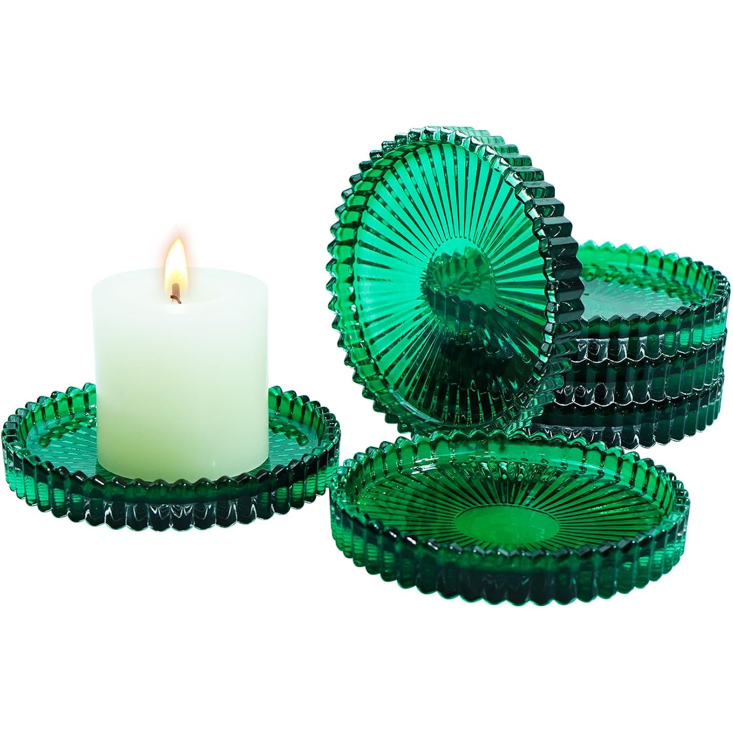Candleholder Glass Candle Holder Plates Set of 6, Round Glass Candle Tray Plates for Dining Wedding Lantern Festival Party Evening Light, Green