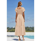 Mascomoda Womens Summer Casual Midi Dress Square Neck Ruffle Short Sleeve Smocked High Waist A Line Wedding Guest Dresses