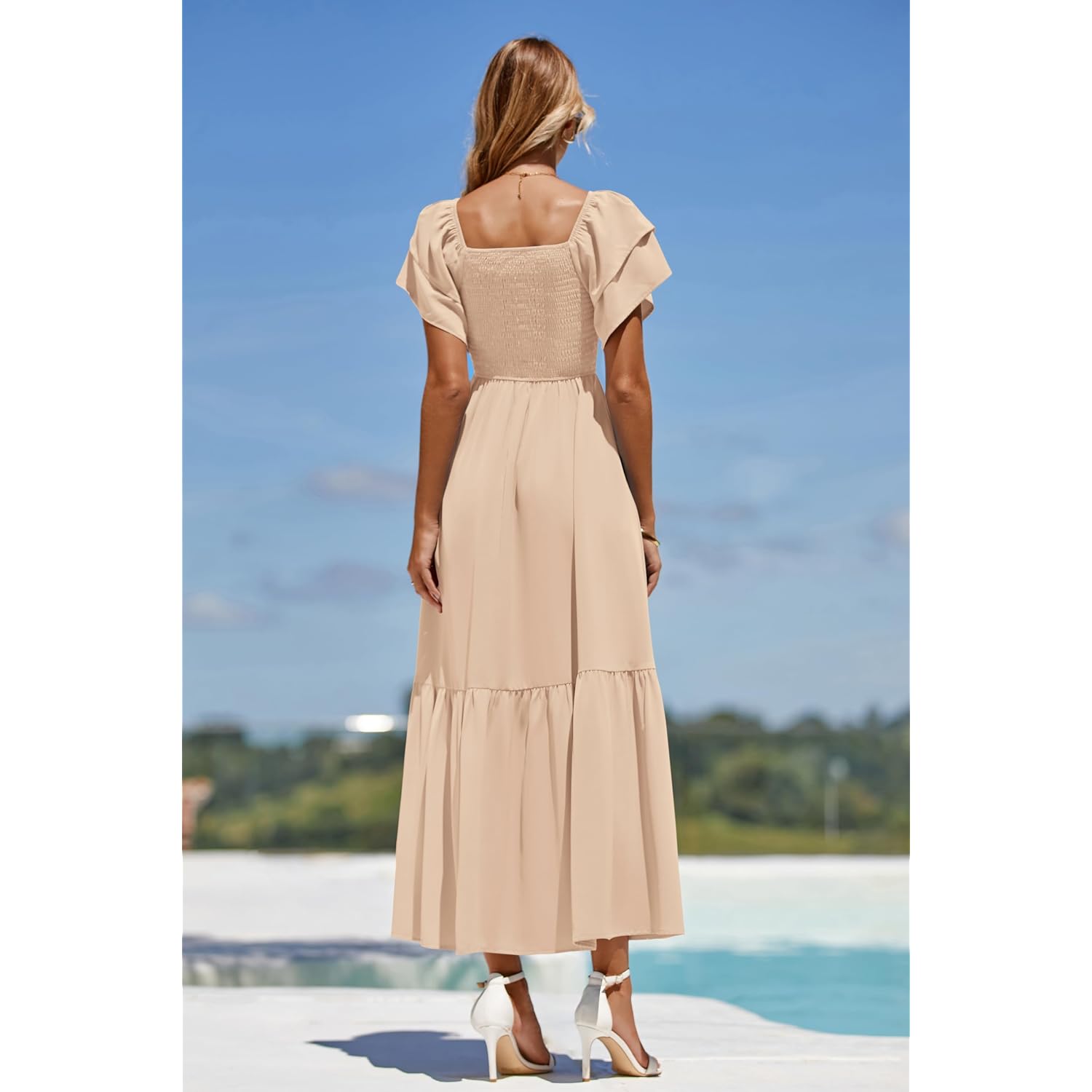 Mascomoda Womens Summer Casual Midi Dress Square Neck Ruffle Short Sleeve Smocked High Waist A Line Wedding Guest Dresses