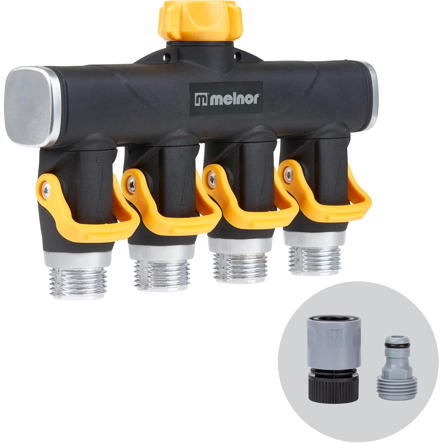 Melnor 65135Amz 4 Way Lever Flow Through Valve Connector Bundle, Yellow, Black