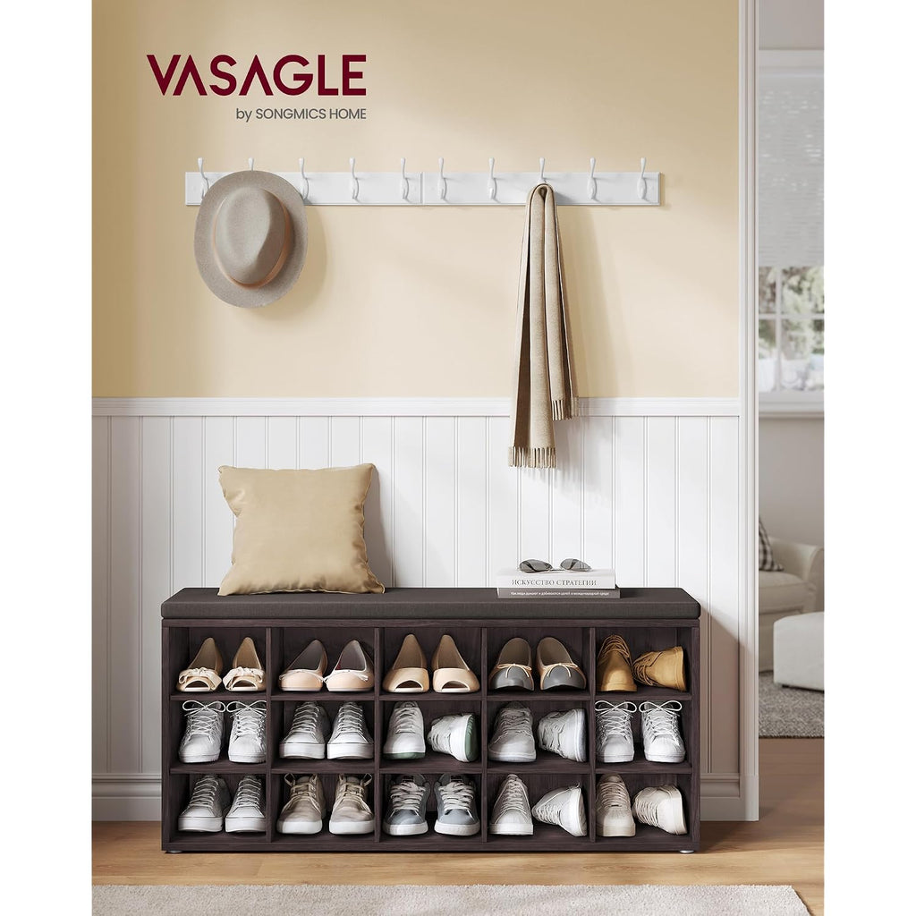 Vasagle Custos Collection - Shoe Bench, Storage Bench With Padded Seat, Entryway Bench With 15 Compartments, For Bedroom, 11.8 X 41.3 X 18.9 Inches, Espresso Brown And Chestnut Brown Ulhs15Br