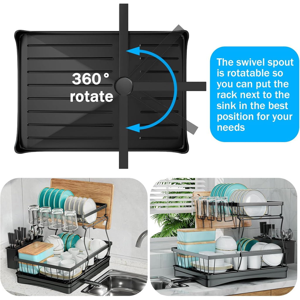 7 code Large Dish Drying Rack for Kitchen Counter, Detachable Large Capacity Dish Drainer Organizer, 2-Tier Dish Racks with Utensil Holder, Black