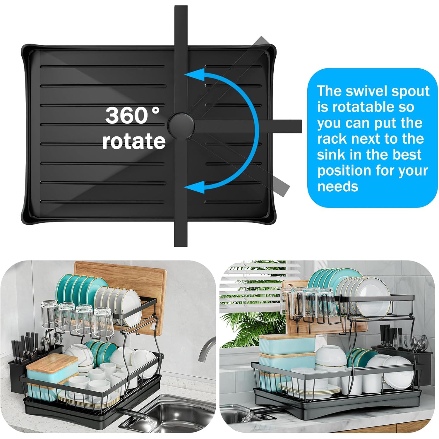 7 code Large Dish Drying Rack for Kitchen Counter, Detachable Large Capacity Dish Drainer Organizer, 2-Tier Dish Racks with Utensil Holder, Black