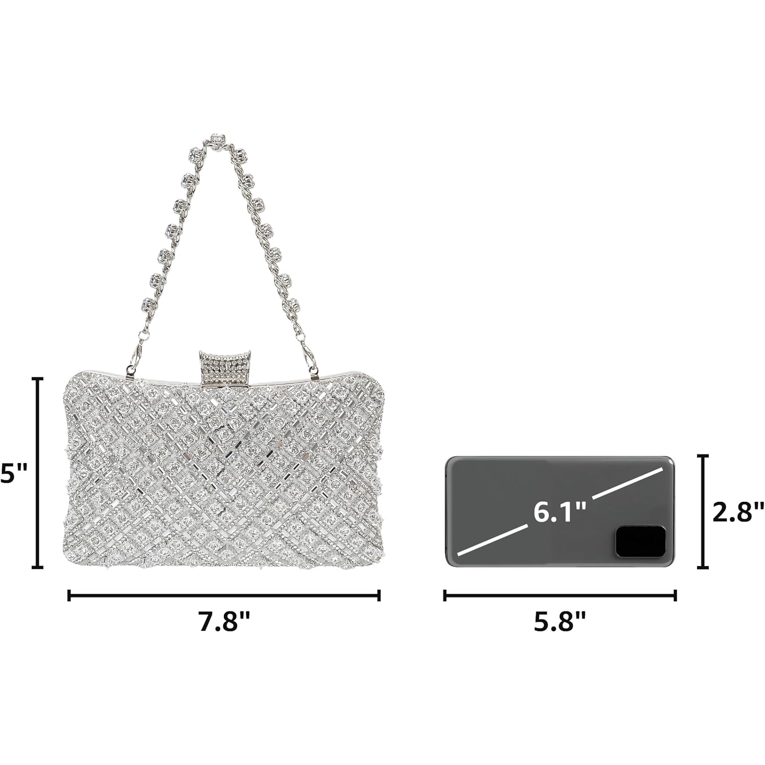 Women Sparkly Rhinestone Clutch With Chains, Glitter Evening Handbag Purse Shoulder Bag For Wedding Party Prom