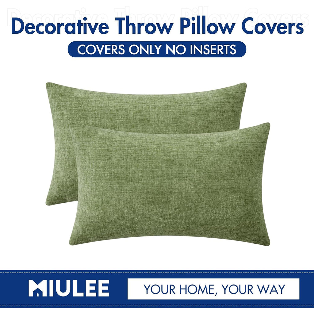 Miulee Pack Of 2 Couch Throw Pillow Covers 12X20 Inch Spring Soft Sage Green Chenille Lumbar Pillow Covers For Sofa Living Room Solid Dyed Cases
