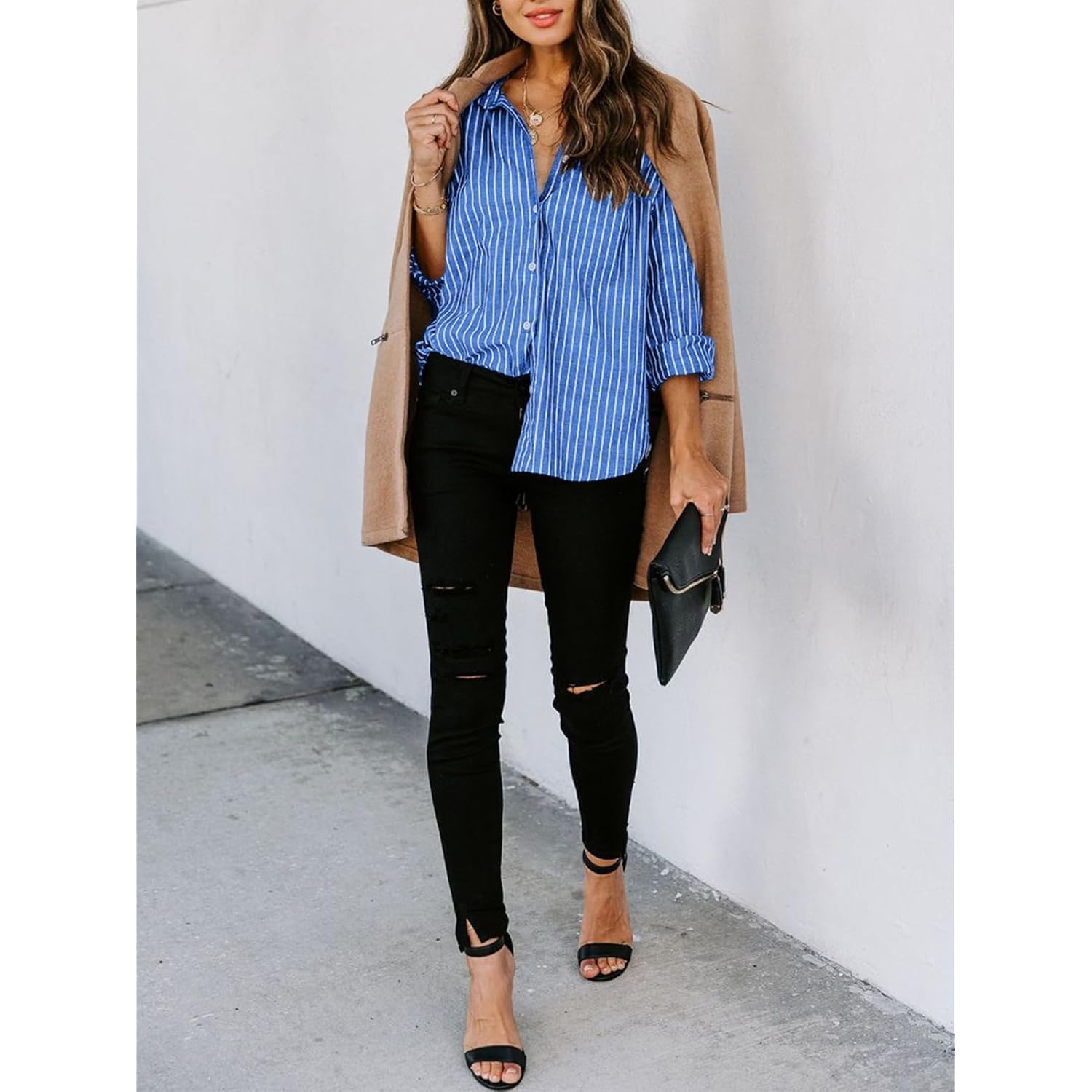 Womens Button Down Shirts Cotton Striped Dress Shirt Long Sleeve Collared Office Work Blouses Tops