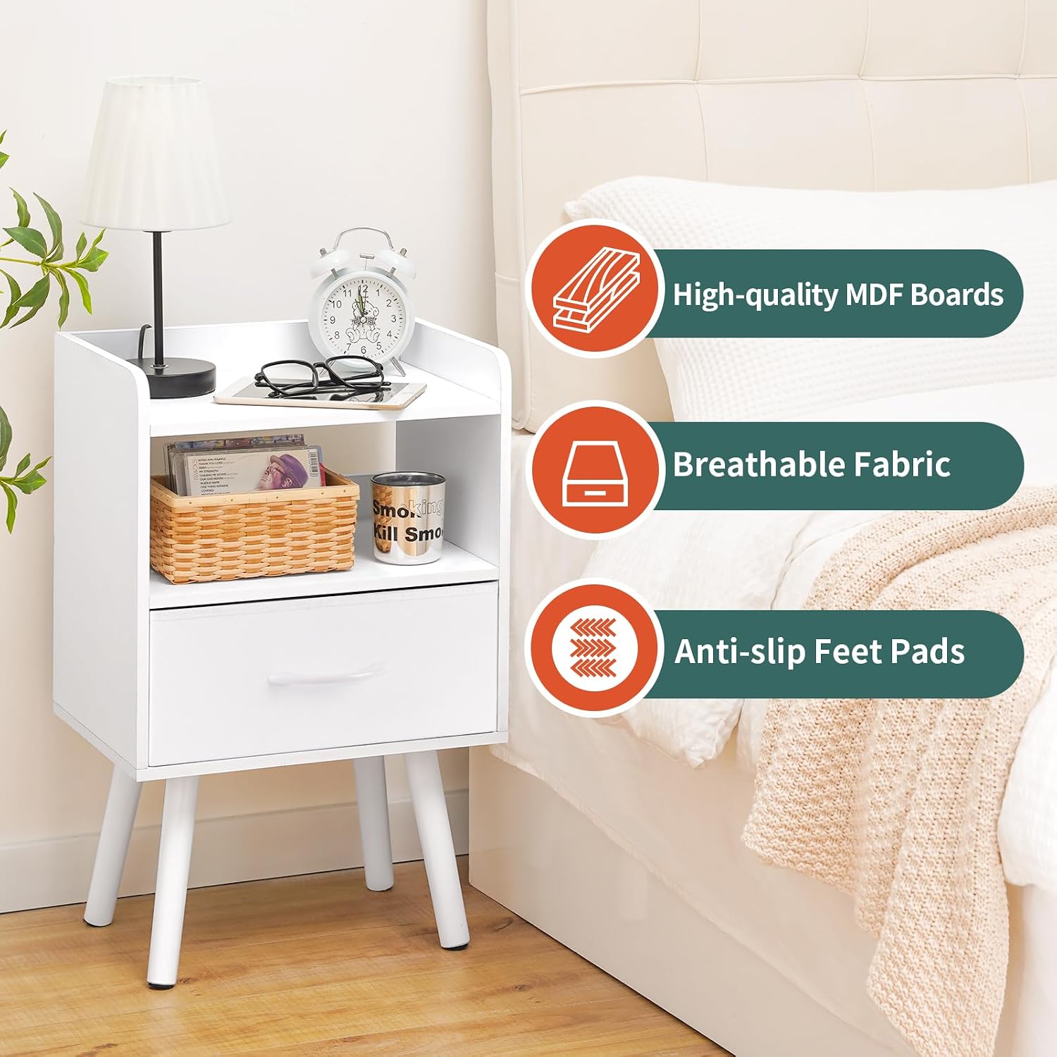 Yoobure Modern Nightstand With Drawer, Bedside Tables, Mid Century Nightstands With Open Storage Shelf, Wood Bedside Table, Small Night Stands For Bedrooms, 2-Tier Night Table