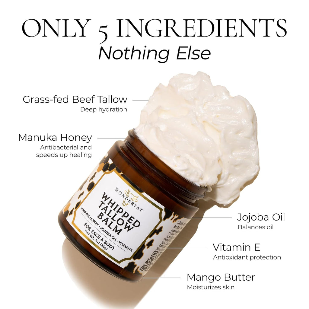 Organic Beef Tallow For Skin – 3Oz Grass Fed Whipped Beef Tallow For Face With Manuka Honey, Mango Butter & Jojoba Oil, Tallow And Honey Balm For Face, Body Moisturizer