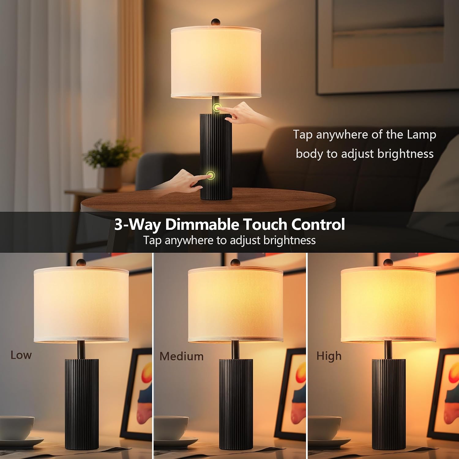 24.5" Black Lamps Set Of 2, Modern Table Lamps For Living Room With Usb C+A Ports, Creative Stripe Touch Lamps For Nightstand, 2 Bulbs Included