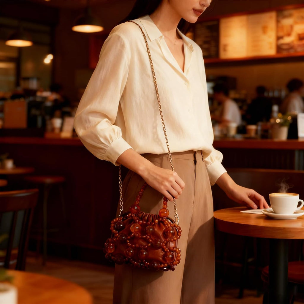 Women'S Brown Leather Shoulder Bag With Amber Bead Decoration, Bohemian Women'S Crossbody Bag, Cute Little Handbag