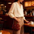 Women'S Brown Leather Shoulder Bag With Amber Bead Decoration, Bohemian Women'S Crossbody Bag, Cute Little Handbag