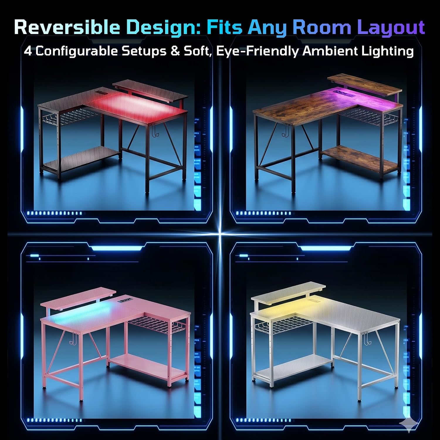 Bestier Gaming Desk With Power Outlets, 42" L-Shaped Computer Desk With Led Lights, Desk With Reversible Storage Shelves & Hooks For Small Spaces, Bedrooms & Offices, Black Carbon Fiber