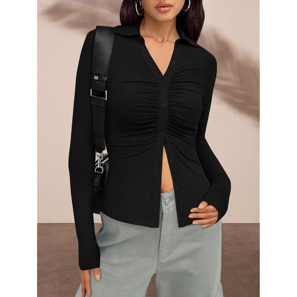 Prettygarden Womens Button Down Shirts V Neck Collared Ruched Slim Fit Long Sleeve Shirt Casual Spring Fashion Ladies Tops