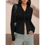 Prettygarden Womens Button Down Shirts V Neck Collared Ruched Slim Fit Long Sleeve Shirt Casual Spring Fashion Ladies Tops