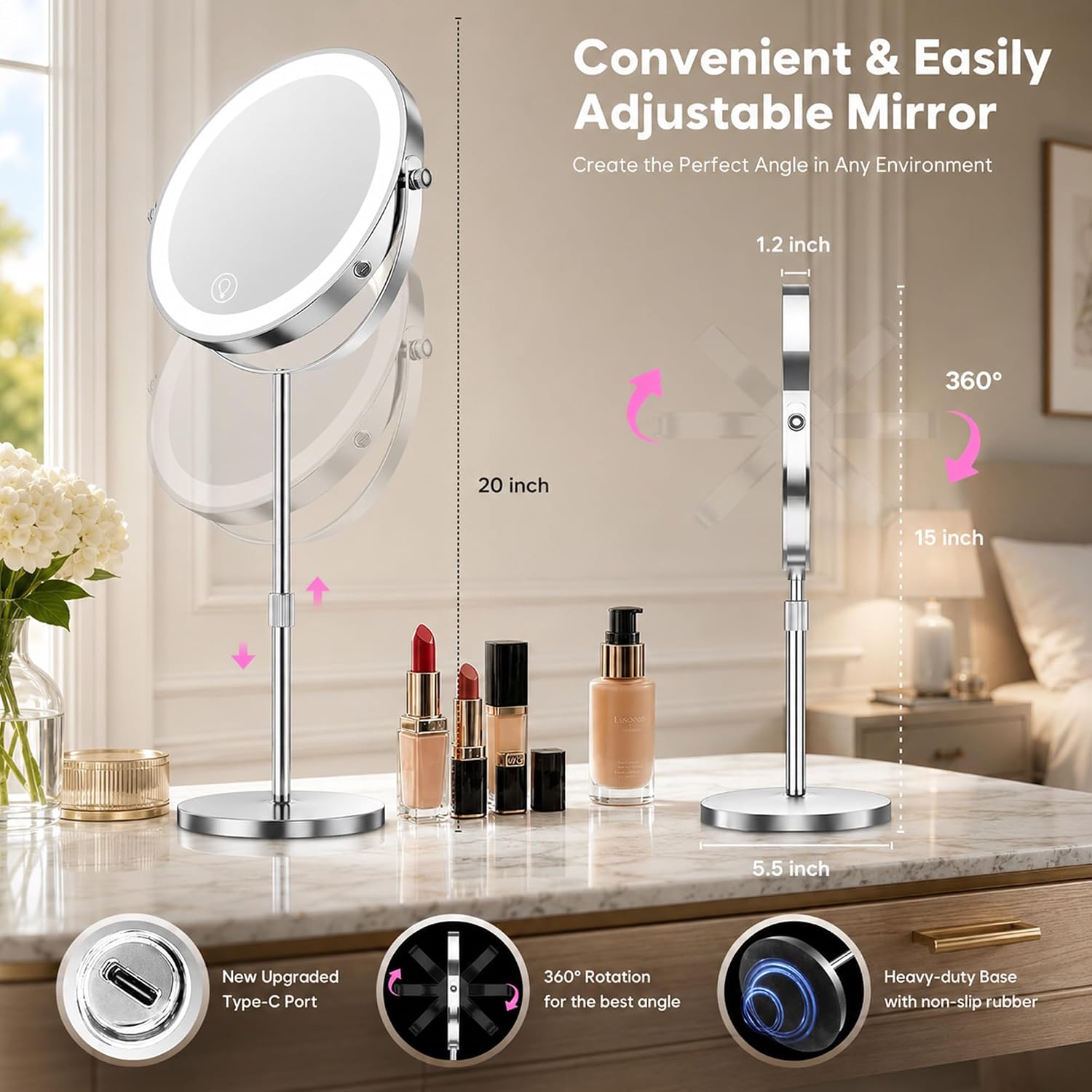 Dienmern Lighted Makeup Mirror, 1X/20X Double-Sided Magnifying Vanity Mirror With Lights, 360° Rotation, 5000Mah Rechargeable Adjustable Brightness With 3 Colors For Dorm, Living Room, Women Gift