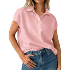 Womens Cap Sleeve Polo Shirts Summer V Neck Collared Tops Casual Loose Fit Boxy Tees