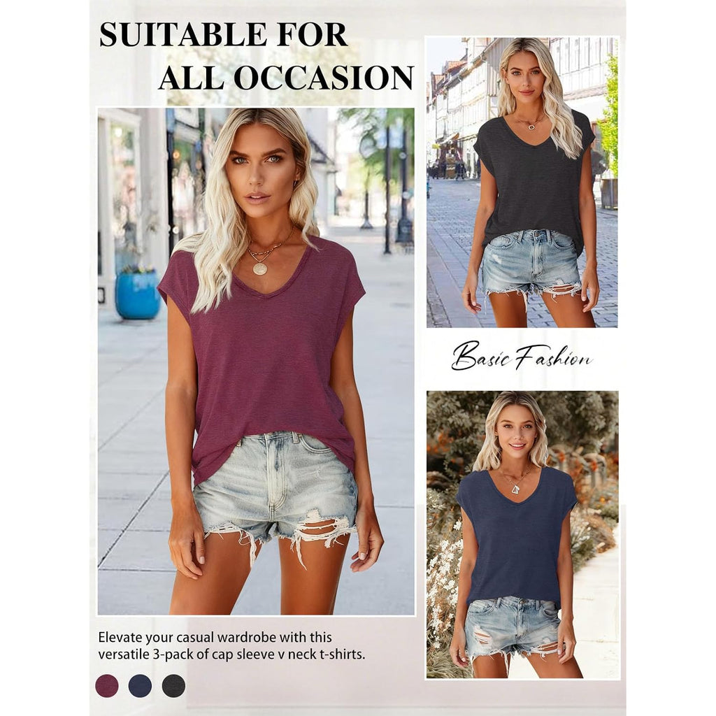 Lookface 3 Pack Womens Cap Sleeve Tops V Neck T Shirts Casual Spring Summer Beach Vacation Fashion Basics Tee Clothes