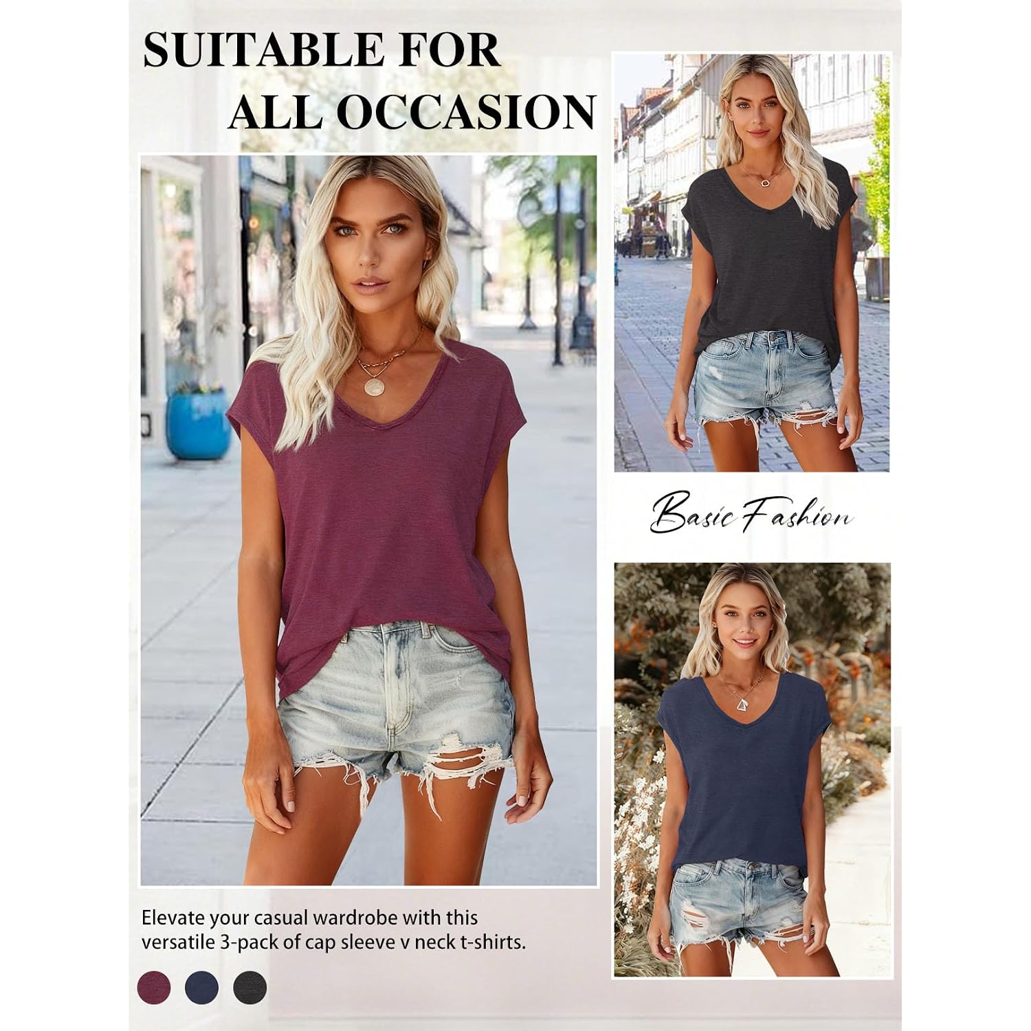 Lookface 3 Pack Womens Cap Sleeve Tops V Neck T Shirts Casual Spring Summer Beach Vacation Fashion Basics Tee Clothes