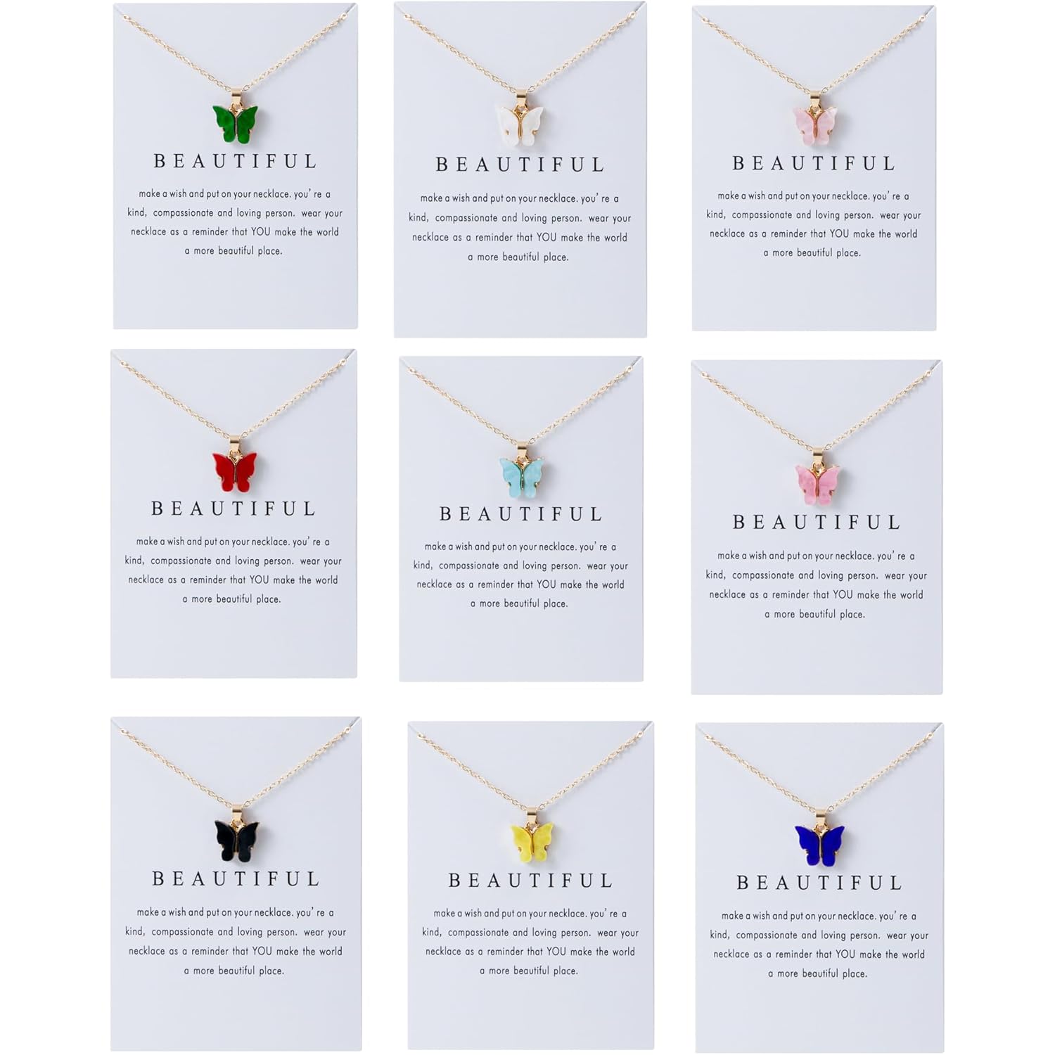 LOTSOF 20Pcs Colorful Butterfly Pendant Necklace Set for Women, Cute Acrylic Butterfly Choker Gold Plated Link Chain, Minimalist Jewelry Gifts for Best Friends Birthday Christmas (With Wish Card)