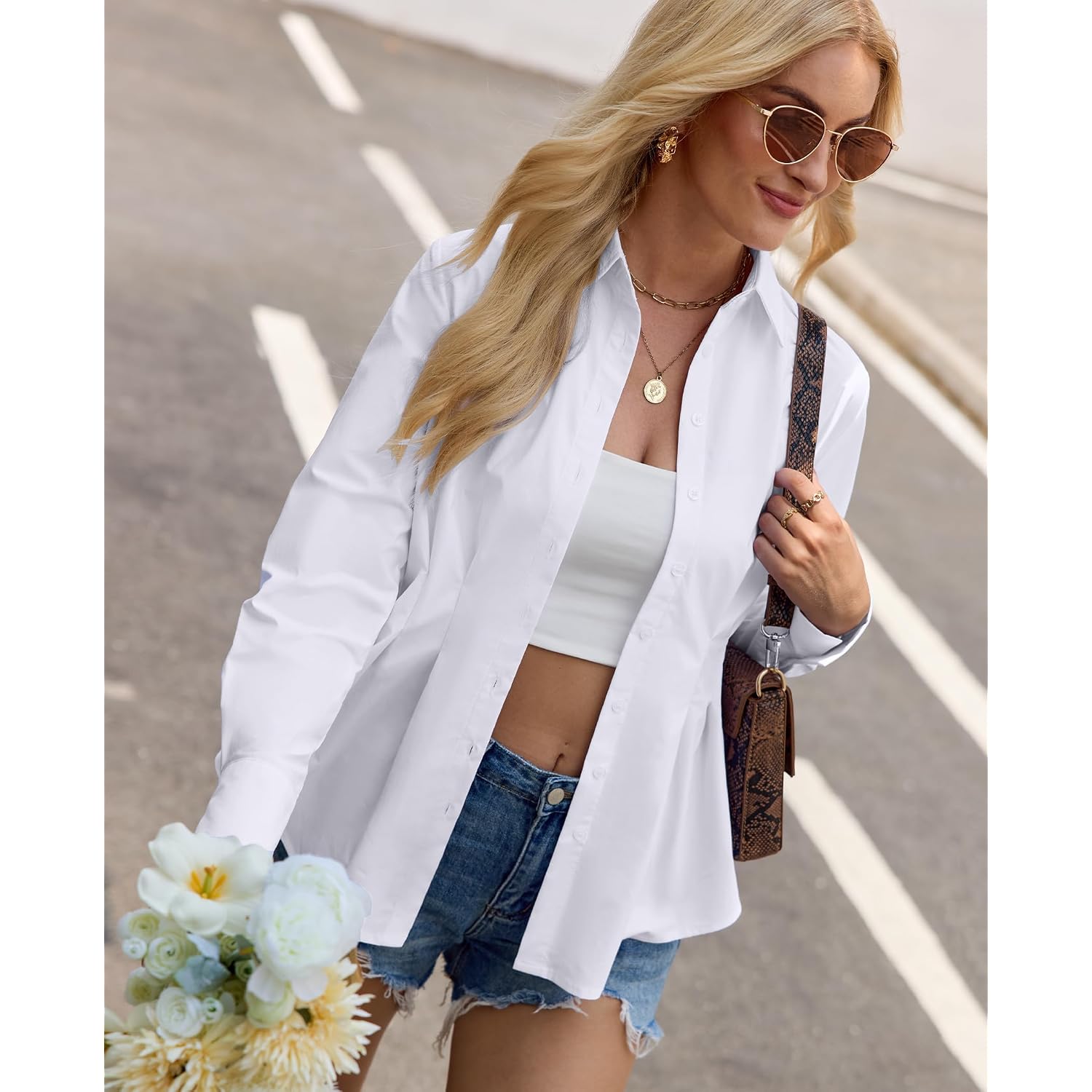 Siliteelon Button Down Shirts For Women Cinched Waist Dress Shirt Long Sleeve Cotton Blouse Business Casual Fitted Blouse Top