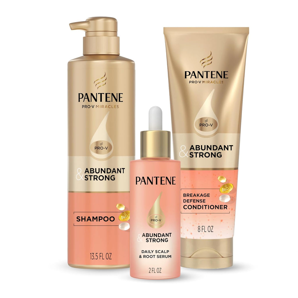 Pantene Abundant & Strong 3-Piece Regimen With B5 Complex + Niacinamide, Shampoo (13.5 Oz), Conditioner (8 Oz), Serum (2 Oz) For Hair Loss, Thinning, Anti-Breakage, Volume - Grows Healthier