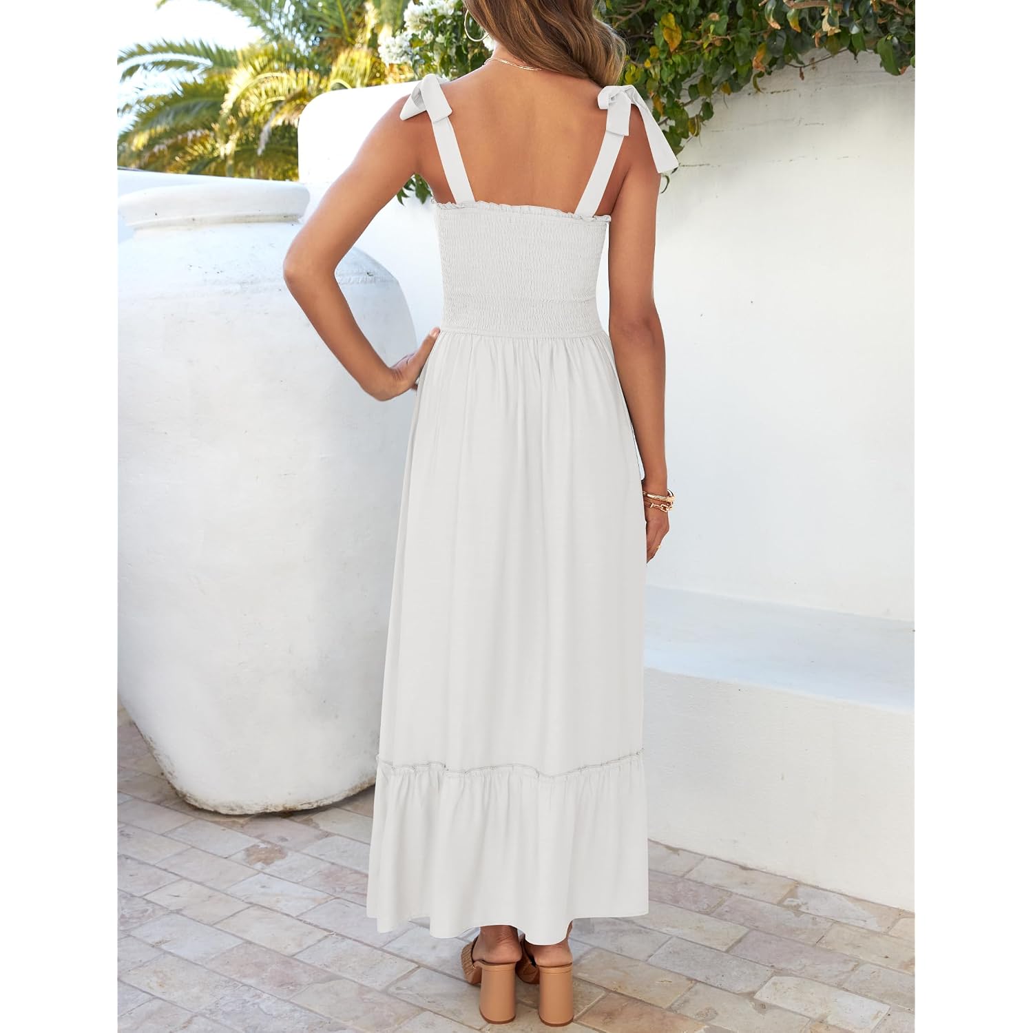 Zesica Women'S 2026 Summer Boho Spaghetti Strap Square Neck Solid Color Ruffle A Line Beach Long Maxi Dress