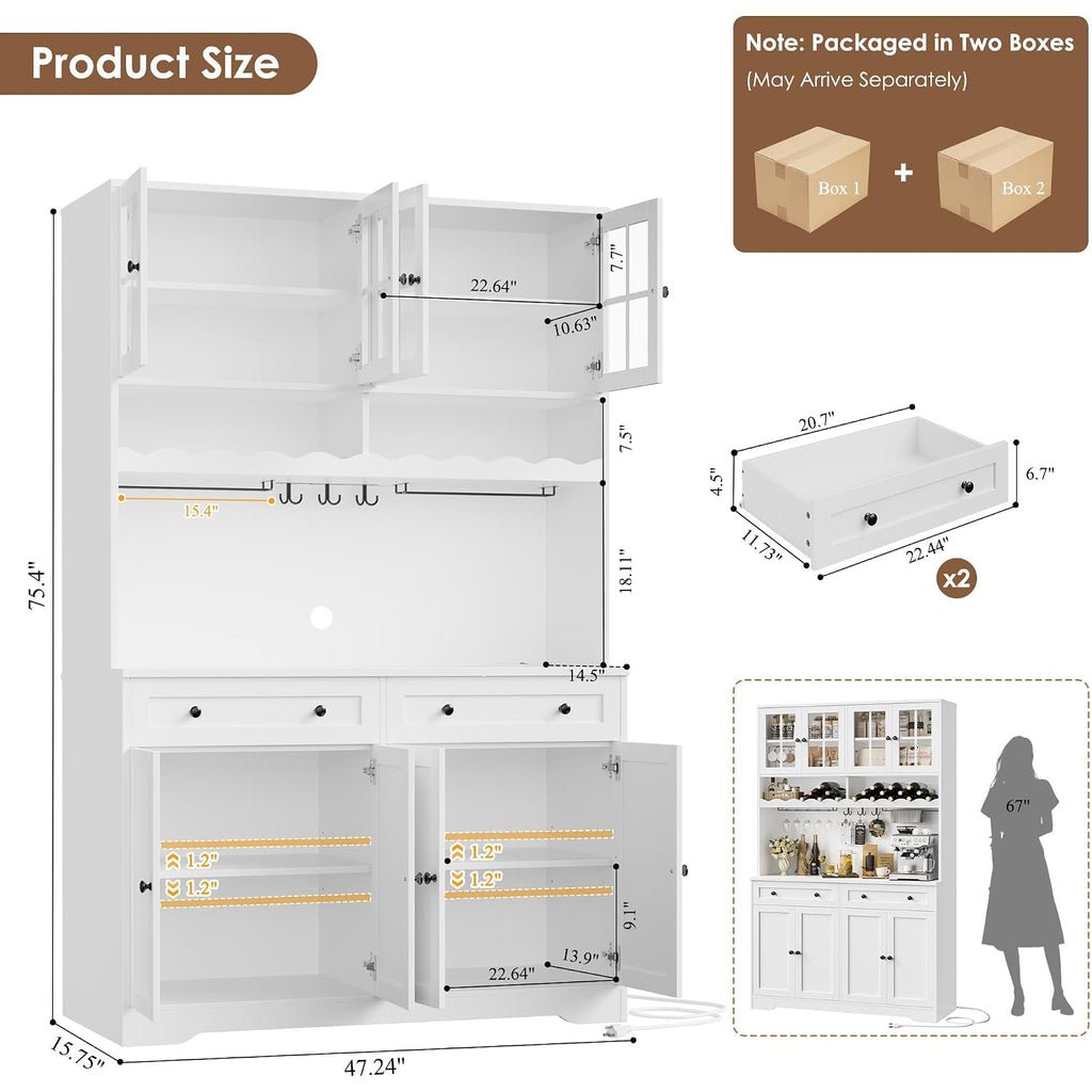 Hostack 75" Kitchen Pantry Storage Cabinet, Coffee Bar Hutch Cabinet, White | Tall Pantry Cabinet With Charging Station / Wide Countertop / Glass Doors / Wine Rack / Cup Holder / Drawers, Dining Room