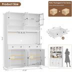 Hostack 75" Kitchen Pantry Storage Cabinet, Coffee Bar Hutch Cabinet, White | Tall Pantry Cabinet With Charging Station / Wide Countertop / Glass Doors / Wine Rack / Cup Holder / Drawers, Dining Room