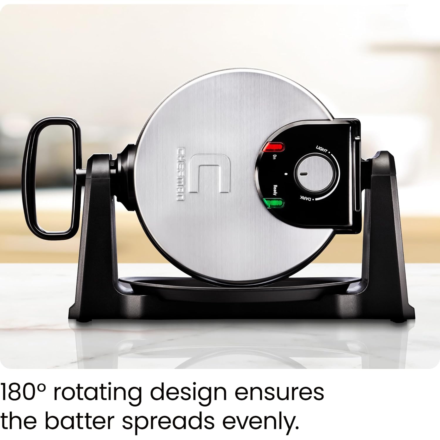 Chefman Rotating Belgian Waffle Maker, 180° Flip Iron w/ Non-Stick Plates, Adjustable Timer, Locking Lid, & Drip Plate, Space Saving Storage, Mess-Free Breakfast, Stainless Steel/Black