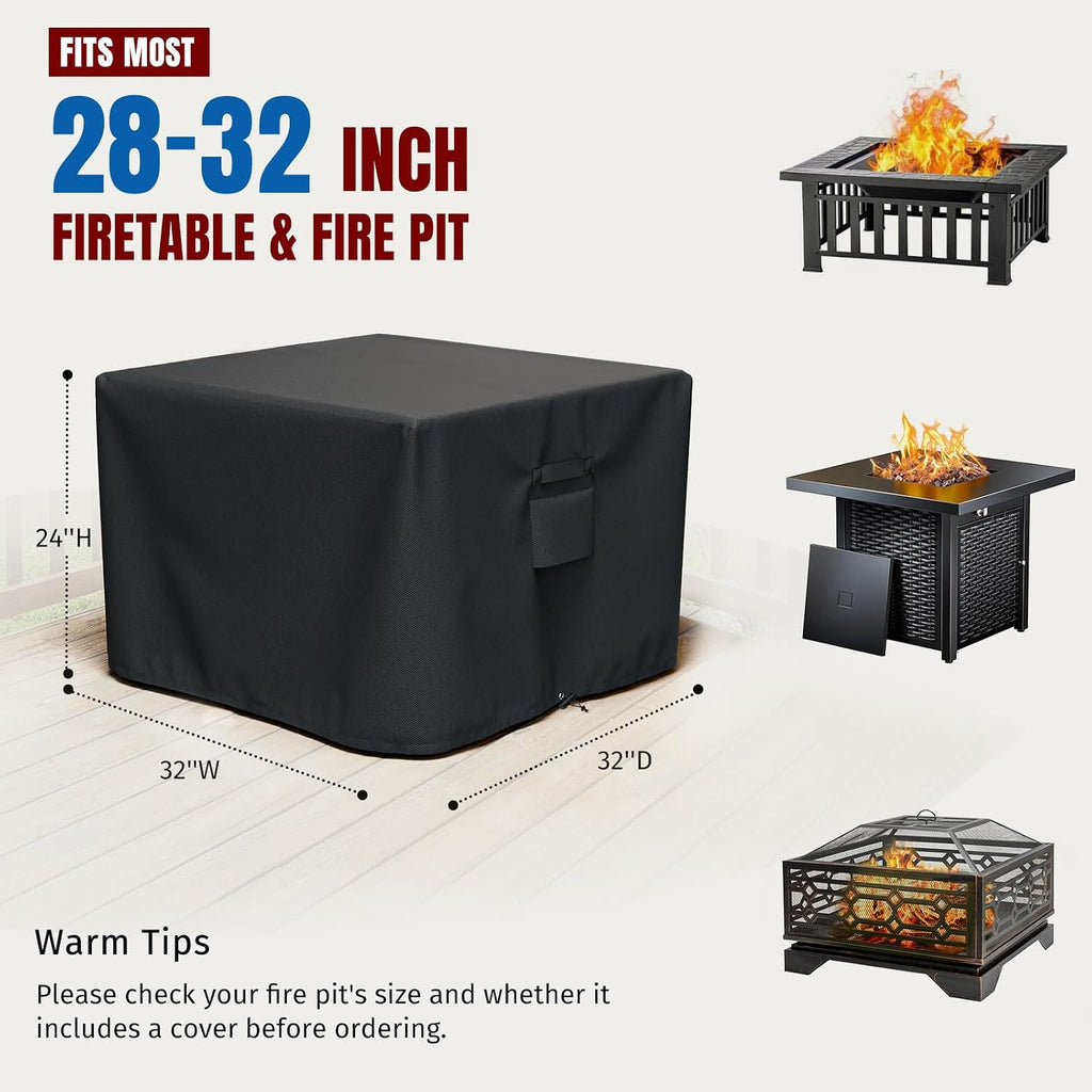 Shinestar Fire Pit Cover Square, Fits For 28-32 Inch Fire Pit Table, Gas Fire-600D Heavy Duty Fabric, Waterproof And Windproof, 32 X 32 X 24 Inches, Black
